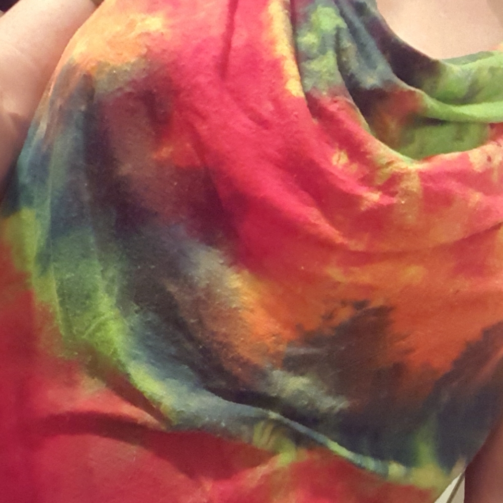 Tie Dye Red Green Yellow Sheer Back Cowl Neck - Picture 3 of 4